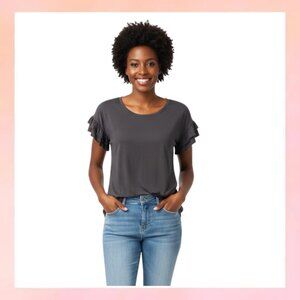 LOFT XS Black Ruffle Flutter Sleeve Tee T-Shirt Knit Top Blouse